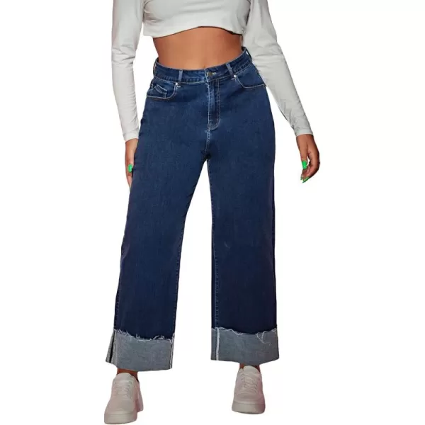 WDIRARA Women's Plus Size Straight Denim High Waisted Baggy Wide Leg Raw Hem Casual Jeans with Pocket