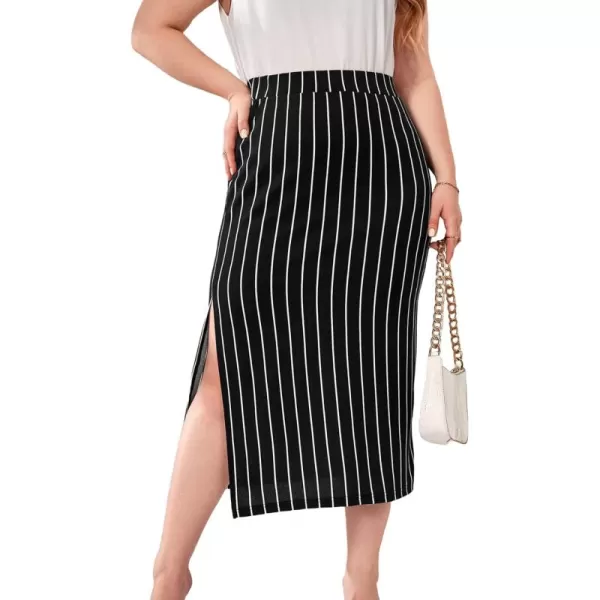 WDIRARA Women's Plus Size Striped High Waist Split Thigh Elegant Midi Skirt