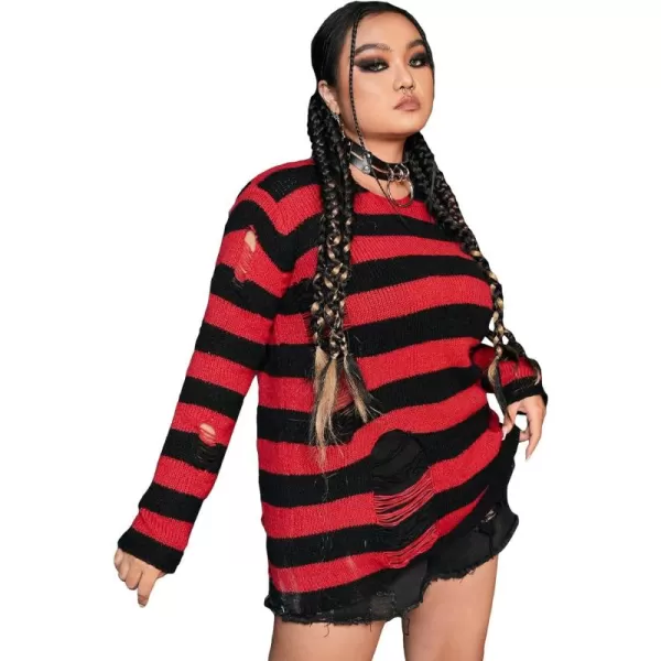 WDIRARA Women's Plus Size Striped Ripped Round Neck Long Sleeve Sweater Knit Pullovers