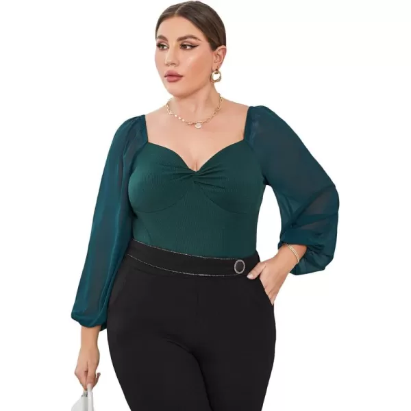 WDIRARA Women's Plus Size Sweetheart Neckline Mesh Long Sleeve Twist Front Top Blouse