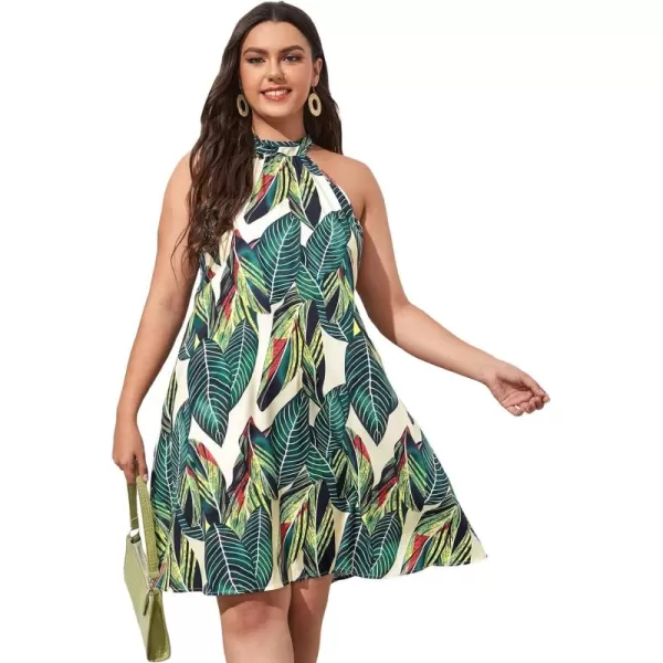 WDIRARA Women's Plus Size Tropical Floral Print Sleeveless Tie Back Halter Dress