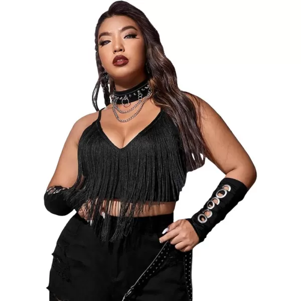 WDIRARA Women's Plus Size V Neck Fringe Trim Spaghetti Strap Club Crop Cami Top