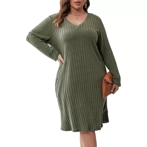WDIRARA Women's Plus Size V Neck Ribbed Tee Dress Long Sleeve Loose Fit Knee Long Causal Fall Dresses