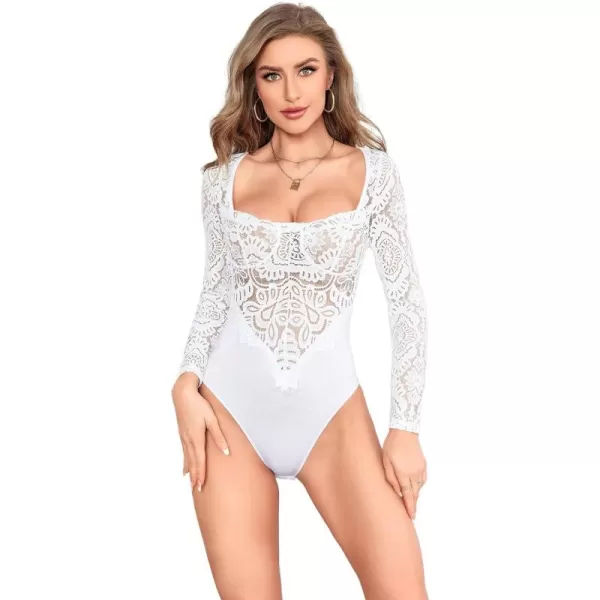 WDIRARA Women's Polka Dots Lace Sweetheart Neck Mesh Long Sleeve Skinny Bodysuit