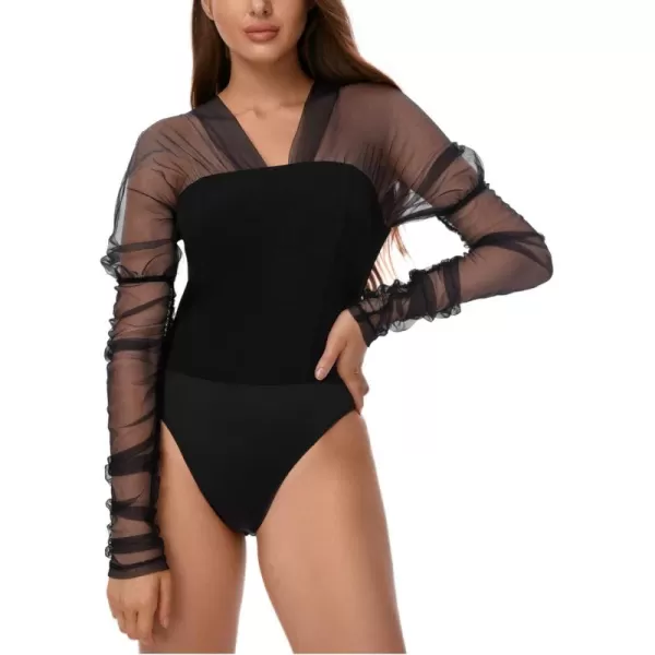 WDIRARA Women's Polka Dots Lace Sweetheart Neck Mesh Long Sleeve Skinny Bodysuit
