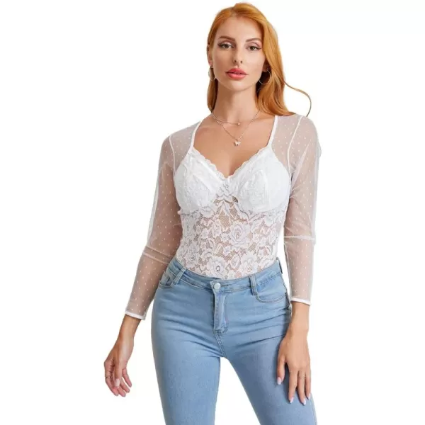 WDIRARA Women's Polka Dots Lace Sweetheart Neck Mesh Long Sleeve Skinny Bodysuit