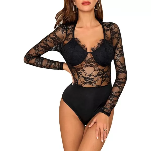 WDIRARA Women's Polka Dots Lace Sweetheart Neck Mesh Long Sleeve Skinny Bodysuit