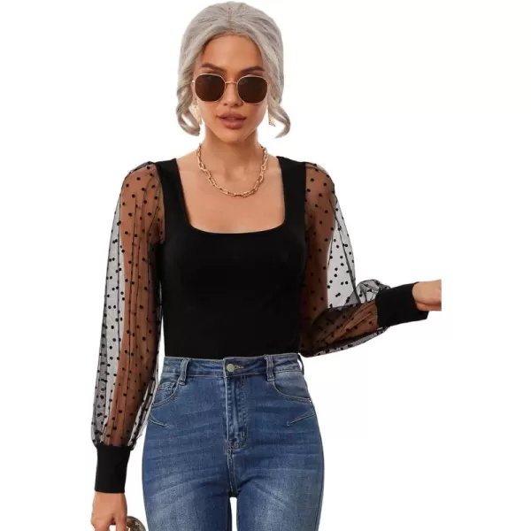 WDIRARA Women's Polka Dots Mesh Bishop Long Sleeve Square Neck Tee Tops