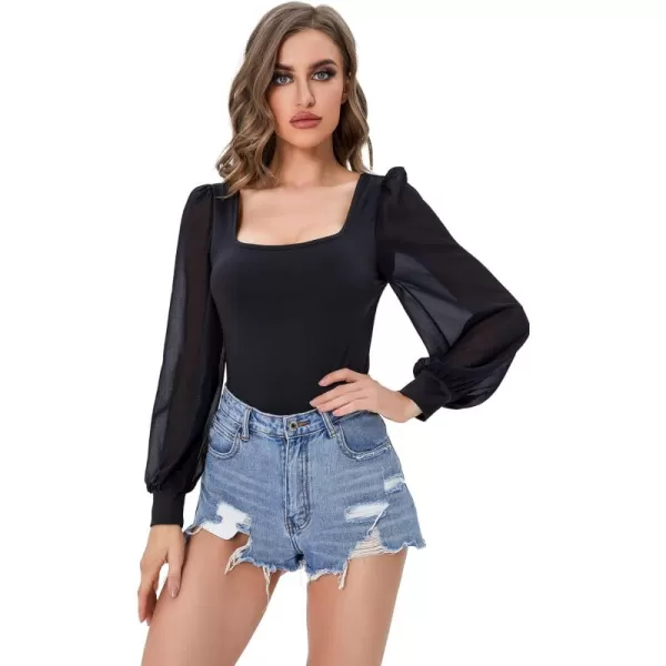 WDIRARA Women's Polka Dots Mesh Bishop Long Sleeve Square Neck Tee Tops