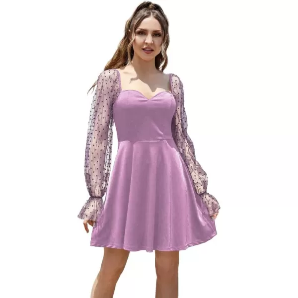 WDIRARA Women's Polka Dots Mesh Long Sleeve A Line Mini Flowy Wedding Guest Bridesmaid Dress