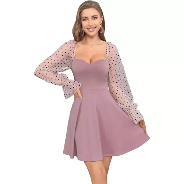WDIRARA Women's Polka Dots Mesh Long Sleeve A Line Mini Flowy Wedding Guest Bridesmaid Dress