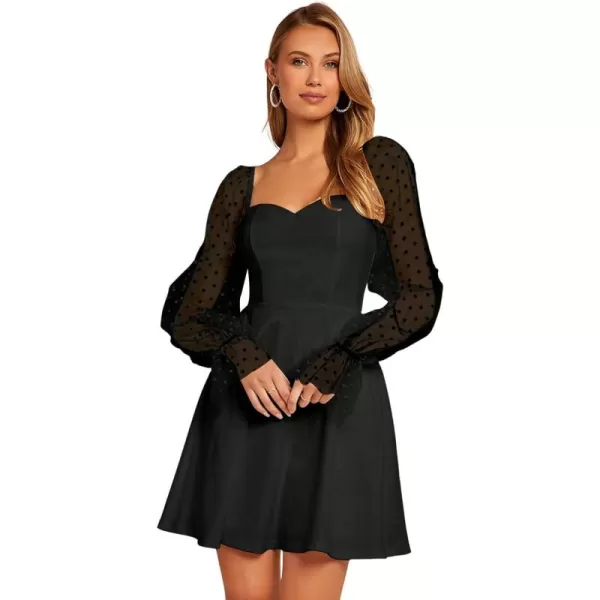 WDIRARA Women's Polka Dots Mesh Long Sleeve A Line Mini Flowy Wedding Guest Bridesmaid Dress