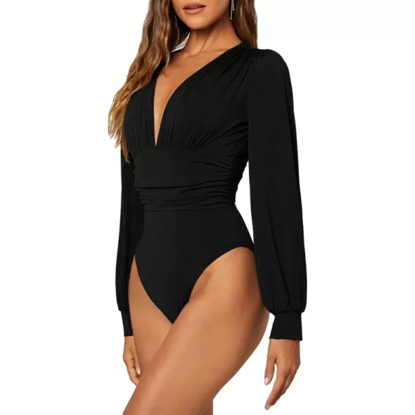 WDIRARA Women's Polka Dots Sheer Dobby Mesh Square Neck Long Sleeve Skinny Bodysuit