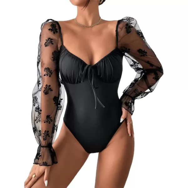 WDIRARA Women's Polka Dots Sheer Dobby Mesh Square Neck Long Sleeve Skinny Bodysuit