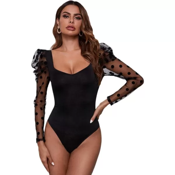 WDIRARA Women's Polka Dots Sheer Dobby Mesh Square Neck Long Sleeve Skinny Bodysuit