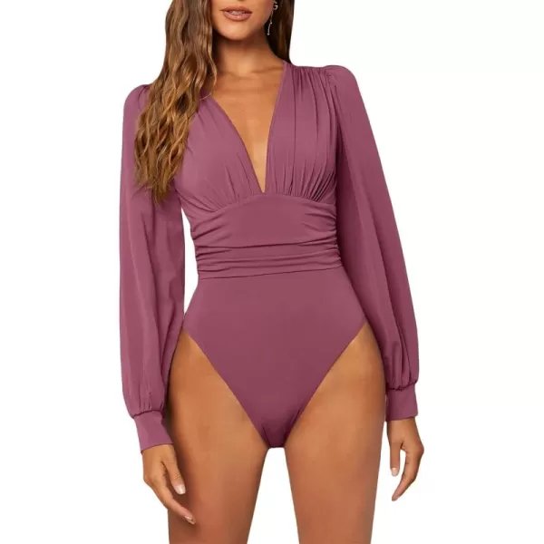 WDIRARA Women's Polka Dots Sheer Dobby Mesh Square Neck Long Sleeve Skinny Bodysuit