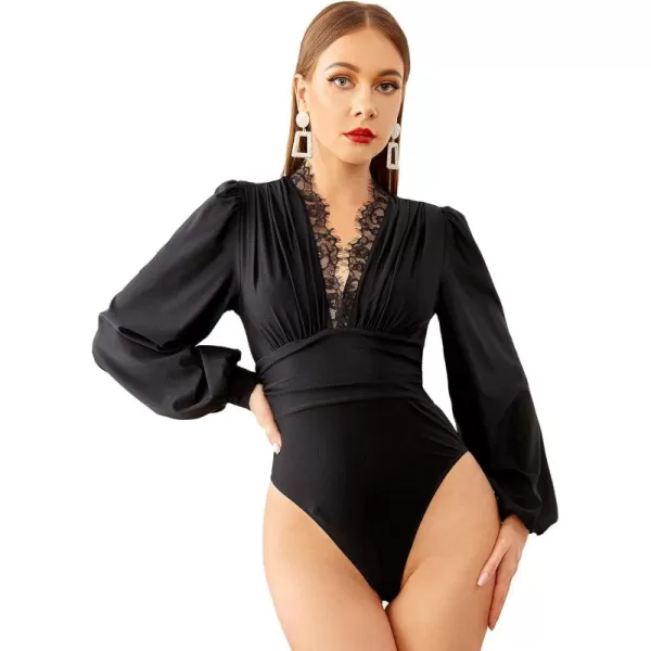 WDIRARA Women's Polka Dots Sheer Dobby Mesh Square Neck Long Sleeve Skinny Bodysuit