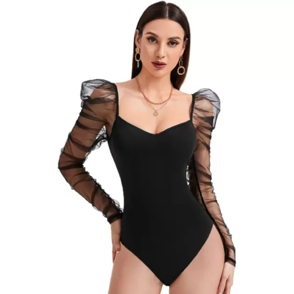 WDIRARA Women's Polka Dots Sheer Dobby Mesh Square Neck Long Sleeve Skinny Bodysuit