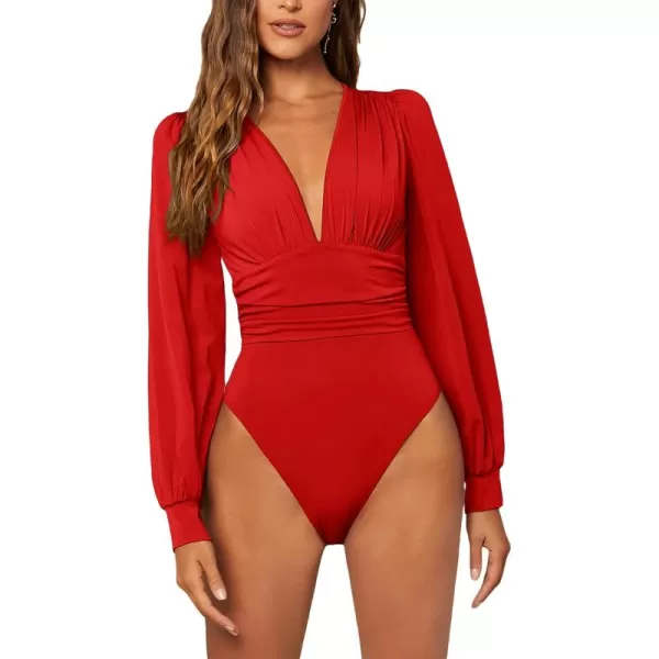 WDIRARA Women's Polka Dots Sheer Dobby Mesh Square Neck Long Sleeve Skinny Bodysuit