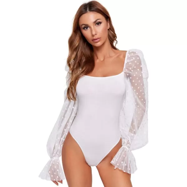 WDIRARA Women's Polka Dots Sheer Dobby Mesh Square Neck Long Sleeve Skinny Bodysuit