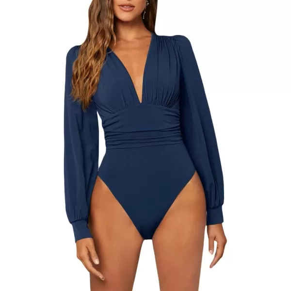 WDIRARA Women's Polka Dots Sheer Dobby Mesh Square Neck Long Sleeve Skinny Bodysuit