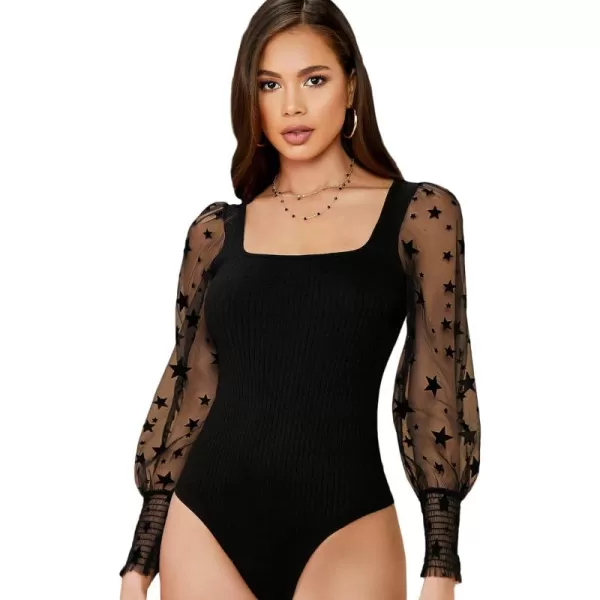 WDIRARA Women's Polka Dots Sheer Dobby Mesh Square Neck Long Sleeve Skinny Bodysuit