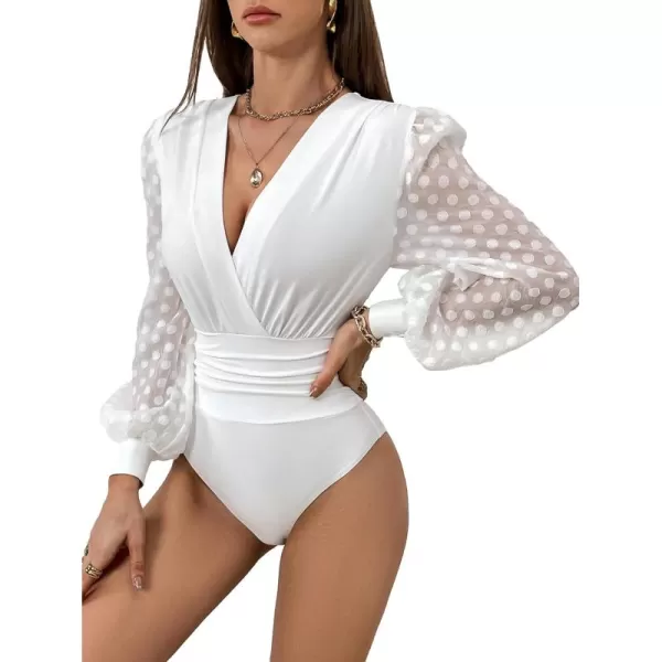 WDIRARA Women's Polka Dots Sheer Dobby Mesh Square Neck Long Sleeve Skinny Bodysuit