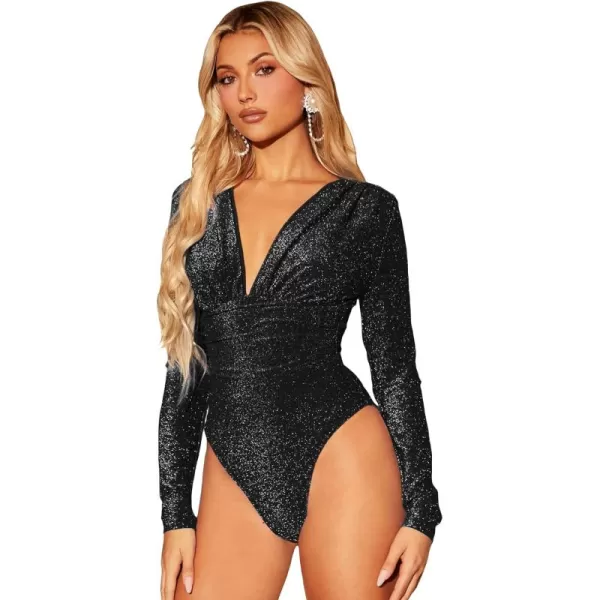 WDIRARA Women's Polka Dots Sheer Dobby Mesh Square Neck Long Sleeve Skinny Bodysuit