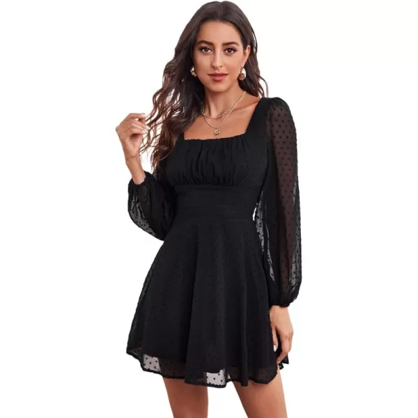 WDIRARA Women's Polka Swiss Dots Mesh Square Neck Lantern Bishop Sleeve Chiffon Dress
