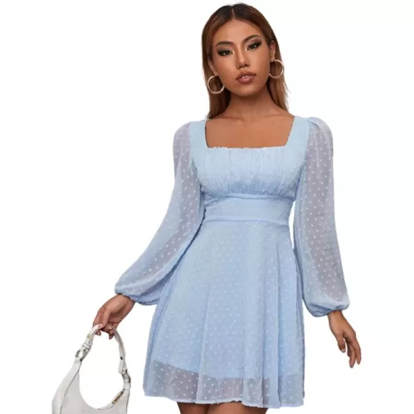 WDIRARA Women's Polka Swiss Dots Mesh Square Neck Lantern Bishop Sleeve Chiffon Dress