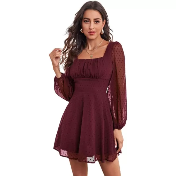WDIRARA Women's Polka Swiss Dots Mesh Square Neck Lantern Bishop Sleeve Chiffon Dress