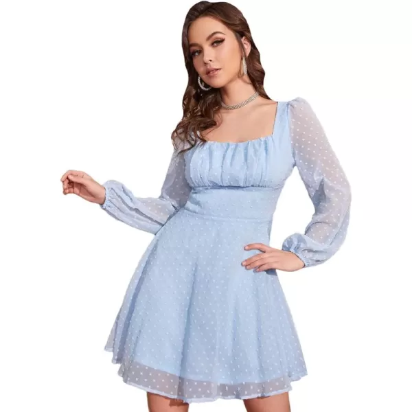 WDIRARA Women's Polka Swiss Dots Mesh Square Neck Lantern Bishop Sleeve Chiffon Dress