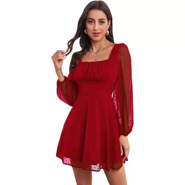 WDIRARA Women's Polka Swiss Dots Mesh Square Neck Lantern Bishop Sleeve Chiffon Dress