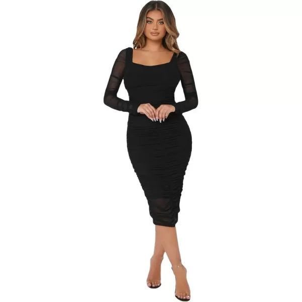 WDIRARA Women's Printed Drawstring Side Round Neck Marble Long Sleeve Bodycon Mini Dress
