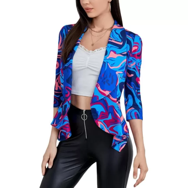 WDIRARA Women's Printed Open Front 3/4 Sleeve Blazer Ruffle Jacket Outerwear