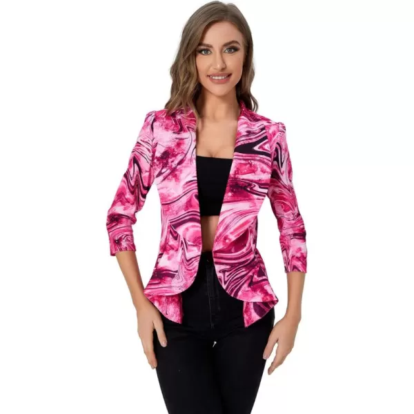 WDIRARA Women's Printed Open Front 3/4 Sleeve Blazer Ruffle Jacket Outerwear