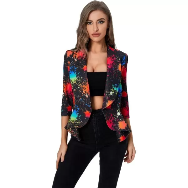 WDIRARA Women's Printed Open Front 3/4 Sleeve Blazer Ruffle Jacket Outerwear