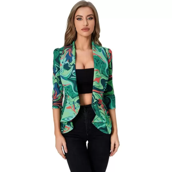 WDIRARA Women's Printed Open Front 3/4 Sleeve Blazer Ruffle Jacket Outerwear