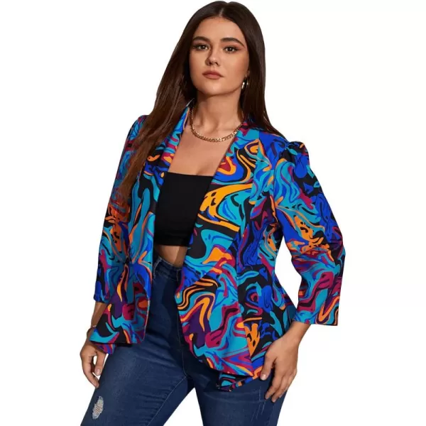 WDIRARA Women's Printed Open Front 3/4 Sleeve Blazer Ruffle Jacket Outerwear