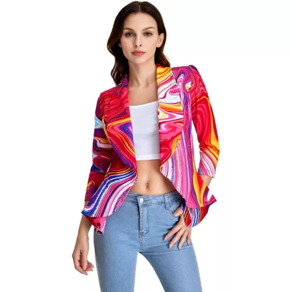 WDIRARA Women's Printed Open Front 3/4 Sleeve Blazer Ruffle Jacket Outerwear