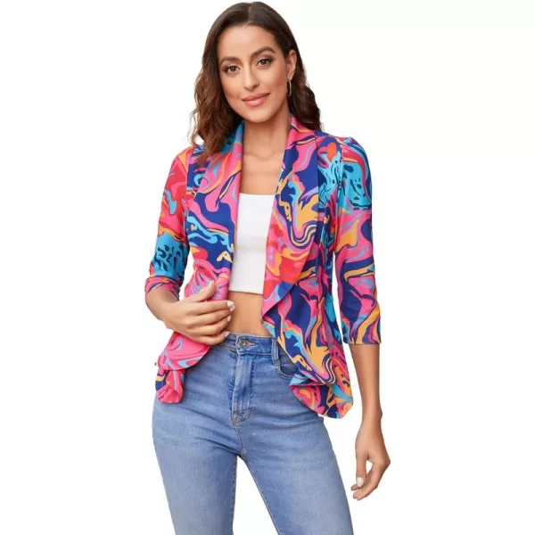 WDIRARA Women's Printed Open Front 3/4 Sleeve Blazer Ruffle Jacket Outerwear