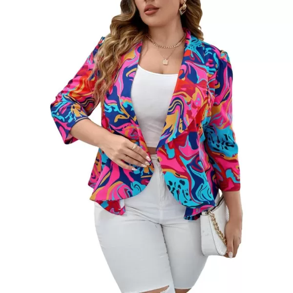 WDIRARA Women's Printed Open Front 3/4 Sleeve Blazer Ruffle Jacket Outerwear