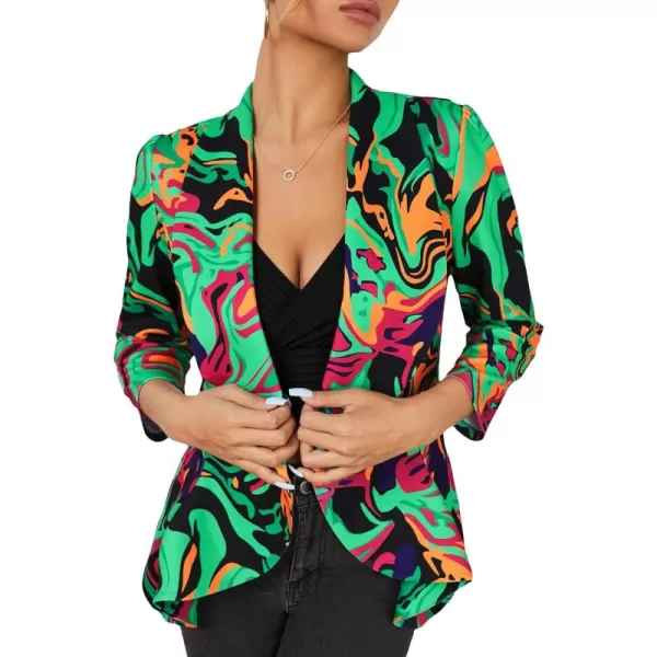 WDIRARA Women's Printed Open Front 3/4 Sleeve Blazer Ruffle Jacket Outerwear