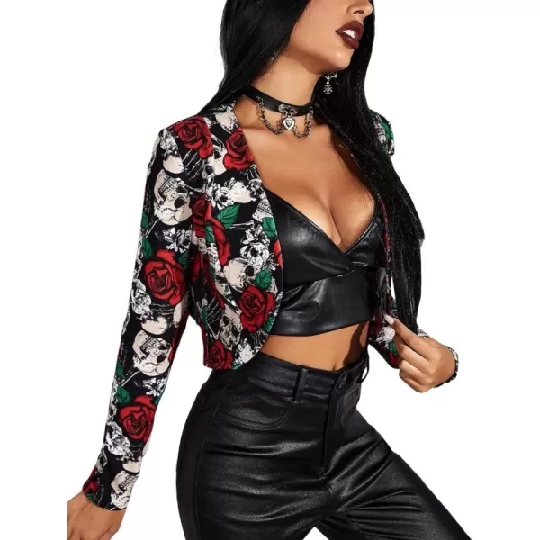 WDIRARA Women's Printed Open Front 3/4 Sleeve Blazer Ruffle Jacket Outerwear