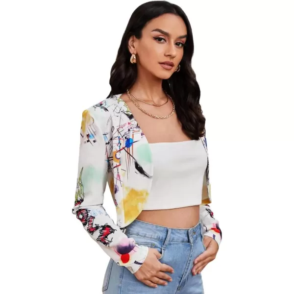 WDIRARA Women's Printed Open Front 3/4 Sleeve Blazer Ruffle Jacket Outerwear