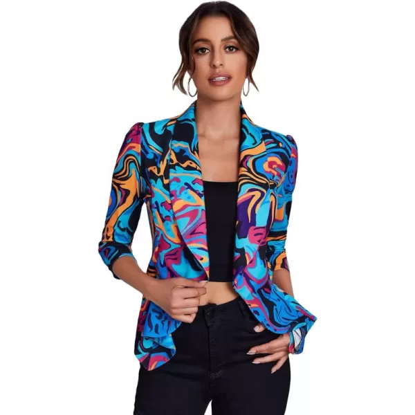 WDIRARA Women's Printed Open Front 3/4 Sleeve Blazer Ruffle Jacket Outerwear