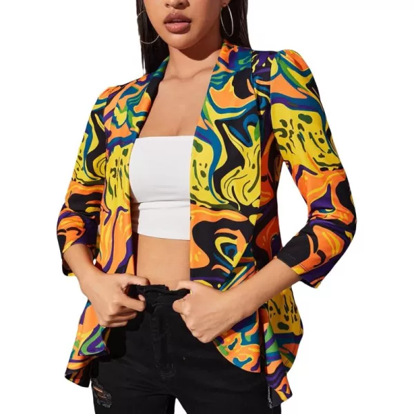 WDIRARA Women's Printed Open Front 3/4 Sleeve Blazer Ruffle Jacket Outerwear