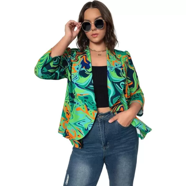 WDIRARA Women's Printed Open Front 3/4 Sleeve Blazer Ruffle Jacket Outerwear