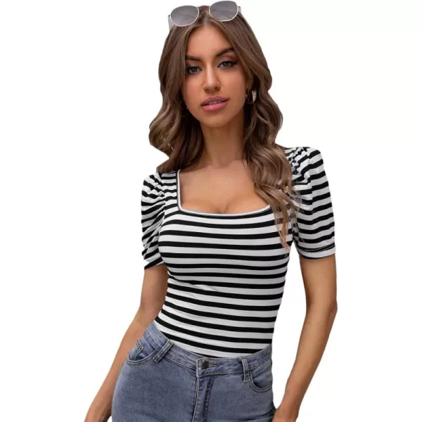 WDIRARA Women's Puff Sleeve Square Neck Short Sleeve Elegant Tee Top