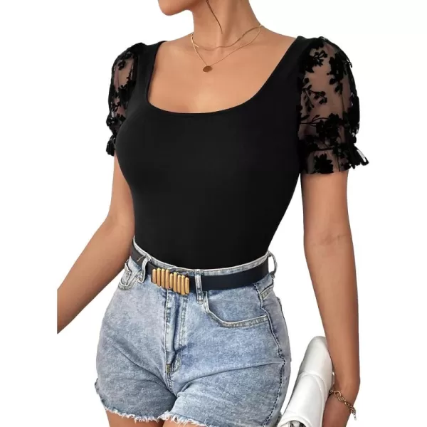 WDIRARA Women's Puff Sleeve Square Neck Short Sleeve Elegant Tee Top